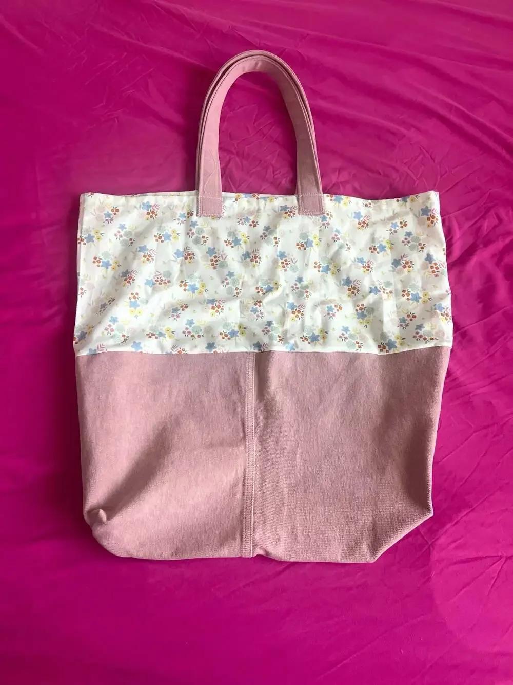 Handmade Cottagecore Pink Canvas and Floral Print Tote Bag